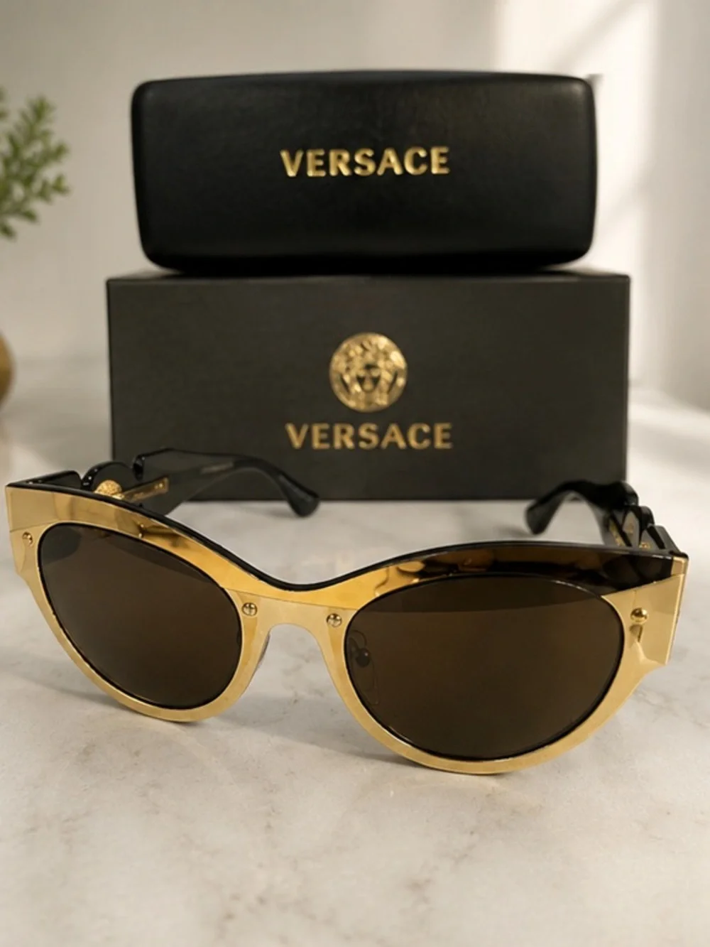 New Authentic Versace Black and Gold Sunglasses With Case and Box
